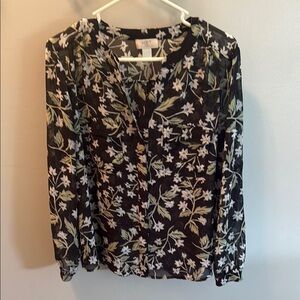 LOFT Black Floral Blouse with Ruffled Sleeves